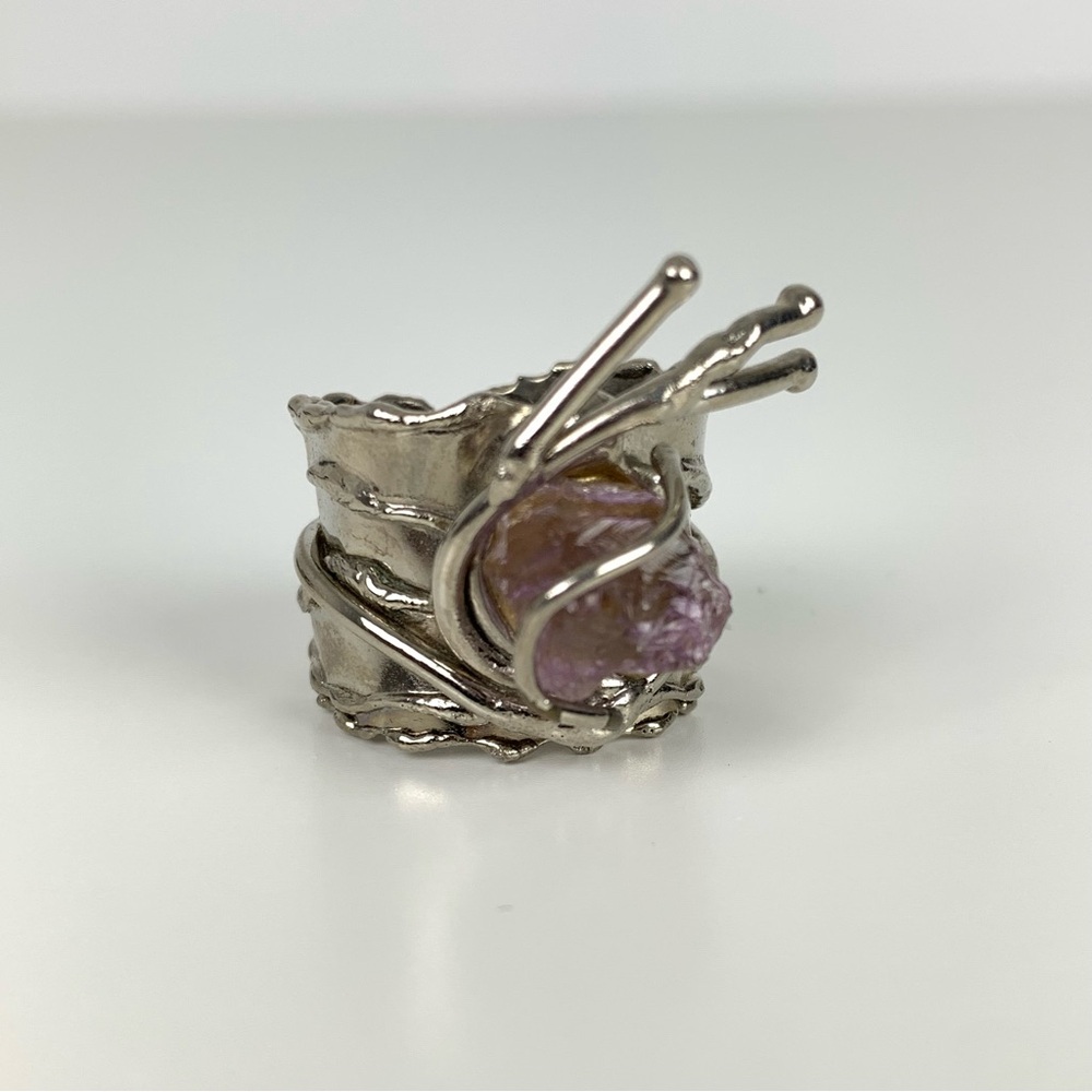 Brutalist OOAK Ring Silver Colored Purple Stone Branches Roots Organic Vtg 6.5